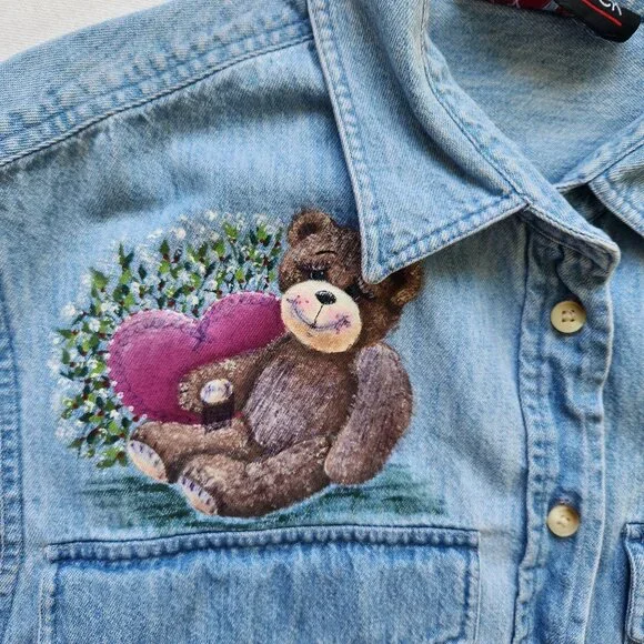Vintage Denim Shirt Teddy Bear Floral Short Sleeve Spring Summer Cute Teddy Core - Picture 9 of 13